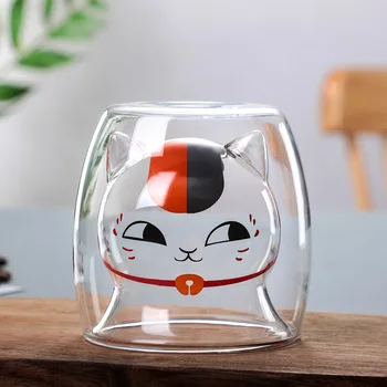 2 vnt Japonų Animacinių filmų Katės Dvigubos Sienelės Stiklo Puodelis Anti-karšto Kavos Pieno Puodelis Karšto Gėrimo, Puodeliai Vandens