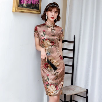 2022 Naujas Vasaros Gėlių Tradicinės Kinų Vestuvės Suknelės Moterims Derliaus Ilgai Cheongsam Qipao Satino, Šilko Slim Suknelės
