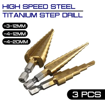3PCS greitapjovio Plieno, Titano Žingsnis Grąžtai HSS 3-12mm 4-12mm 4-20mm Medžio ir Metalo Gręžimo Įrankiai