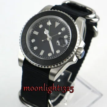 40mm parnis sterilaus Black dial safyro stiklo Nailono diržas keramikos bezel GMT data mechaninė mens watch