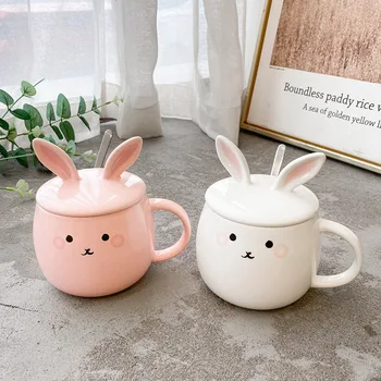 450ml animacinių filmų triušis kavos puodelis mielas pusryčių puodelis su dangteliu šaukštas kūrybos pink rabbit keramikinis puodelis ponios office taurė