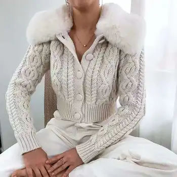 Atsitiktinis Moterų Y2k Apkarpytos Megztinis Baltos 2021 M. Pavasarį Streetwear Mados Moteris Cardigan Megztiniai su Kailio Apdaila Apykaklės korėjos Stiliaus