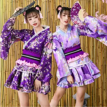 Azijos Stiliaus saldus Kimono Japonų drabužiai Moterims Gėlių Mergaičių ( top+sijonas) 2vnt rinkiniai Cosplay Kostiumas ilgomis Rankovėmis suknelė