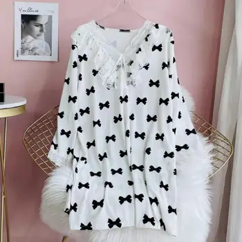 Balto Print Pižamą Veliūras Sleepwear Moterų Nightdress Rudenį Naujų Miego Suknelė Aksominė Naktiniai Drabužiai Atsitiktinis Namų Suknelė Loungewear