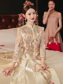 Elegantiškas Šampanas Cheongsam Blizgančiais Duobute Kinų Stiliaus Phoenix Siuvinėjimo Vestuvių Suknelė Santuokos Nustatyti Nuotaka Kostiumas