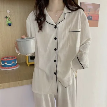 Fernan Rudenį korėjos Sleepwear Moterų Pižama Namų Drabužių Rinkinį Mergaitėms Tiktų Balta ilgomis Rankovėmis Pijama Homewear Nightie Pižamos