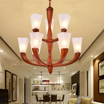 Fojė Salonas Aukštos lubos liustra Raudona mediena LED pakabos šviestuvas American vintage šviesos stiklo šviestuvais, viešbučių baldai