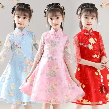 Four Seasons Suknelė Kinijos Derliaus Siuvinėjimo Cheongsam Suknelės, Šaliai, Vestuvių Šokio Raudona Frocks 110-160 Mergaičių Kostiumai Hanfu