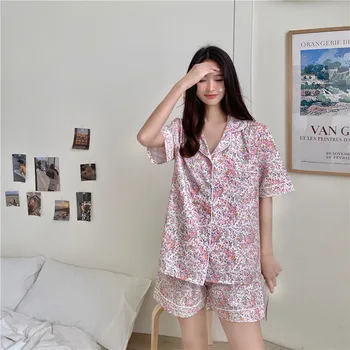 Gėlių Spausdinti Vasaros Pižama Nustatyti Moterų Korėjos Kawaii Namų Kostiumas Sleepwear Medvilnės Saldus, Purus Minkštas Namų Drabužius, Vintage