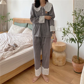 juoda balta skara sleepwear moterų namų paslauga lacework animacinių filmų lokys siuvinėjimo pižamos pavasario rudens naktį kostiumas homewear L896