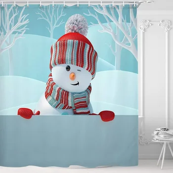 Kalėdų Senį Dušo Užuolaidos Vonios, Mielas Sniego Šypsosi naujieji Metai Fono Žiemos Peizažas, Vaikai Animacinių filmų Sniego