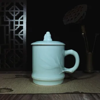 Kavos Puodelis Puodelis su Dangteliu 15.5 oz Teacup Reljefinis su Bambuko Keramikos Drinkware Porceliano Indai Mikrobangų krosnelėje ir plauti Indaplovėje