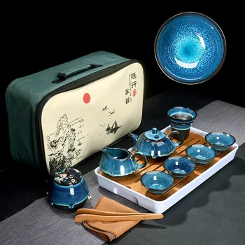 Kinų Arbatos Rinkinys, Mėlynos Spalvos Gintaro Glazūra Keramikos Jingdezhen Temmoku Glazūra Išskirtinį Nustatyti Kung Fu Arbatos Puodelio Nešiojamų Arbatinukas Gaiwan Arbatos Puodeliai