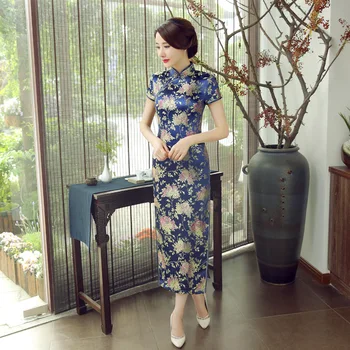 Kinų Stiliaus Satin Ilgos Qipao Dress Seksuali Moteris Slim Padalinta Cheongsam Exquiaite Siuvinėjimo Gėlių Vestidos Vakare Šalis Suknelė