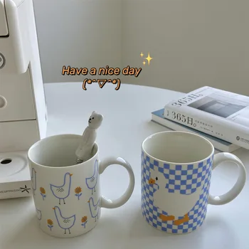 Korėjos Ins Retro Mielas Antis, Balta Mėlyna Keramikos Puodelis Mergina, Kavos, Pieno Pusryčiai Pora Taurės, Puodeliai, Kavos Puodeliai Kavos Puodelis