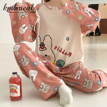 Korėjos Pižama Moterų Rudenį Mielas Animacinių Filmų Spausdinti Pyjama Merginos Kawaii Pijama Homewear Plius Dydis Sleepwear Rinkiniai 2 Gabalas Namų Kostiumas