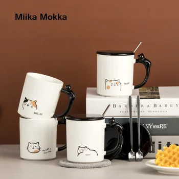 Kūrybinės Keramikos Puodelis su Dangteliu ir Šaukštu Mielas Animacinių filmų Katės Pieno, Kavos Puodelis Kavos Puodelį, Eco-Friendly Pora Bokalų Drinkware