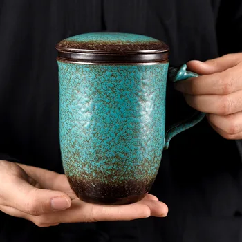Kūrybos agatas žalias biuras arbatos puodelio su mirkymas filtras keramikos retro didelės talpos, su dangteliu puodelis pieno kavos puodelio vandens