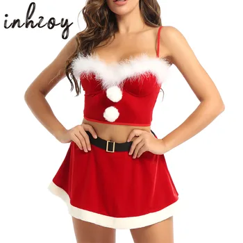 Moteriški Kalėdų Vienodų Kostiumų Sexy Santa Claus Pasėlių Viršuje Čiuožėjas Mini Sijonai Nustatyti Raudona