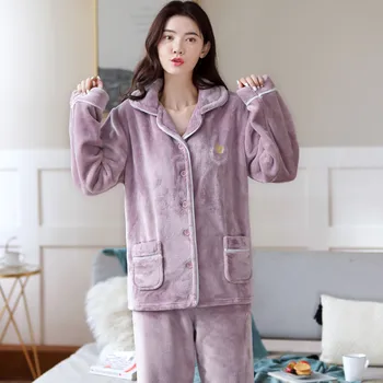 Moteriški Violetinė Flanelė Pižama Pižamos Rinkiniai Ilgomis Rankovėmis Sleepwear Pijama Pižama Kostiumas Moterų Miego Dviejų Dalių Komplektas Loungewear