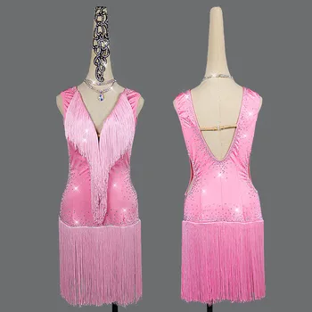 Moterų lotynų Šokių Suknelė Moterims rožinė Storio Juosteles Pakraštyje Suknelė Etape Kostiumas Konkurencijos lotynų Sukneles Tinkinti