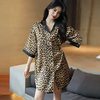 Moterų Pižamą Intymus Apatinis Trikotažas Satino Homewear Nightdress Leopard Seksualus Sleepshirt Trumpas Rankovės Atsitiktinis Naktiniai Drabužiai Su Kišenėje
