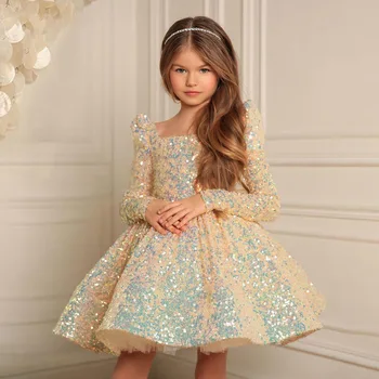 Nauja Vaikų Net Vestuvių Suknelė Mergaitėms Blizgučiais ilgomis rankovėmis Gimtadienio Šou Princesė Aukso Drabužius vestidos para niñas