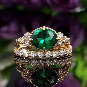 Naujas Prabangus Vintage Gold 2 Vnt Rinkiniai Sužadėtuvių Žiedai Moterims Žalios spalvos CZ Akmens Apdaila bižuterijos Vestuves Dovanų Žiedą