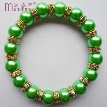 Naujas režimas 10mm žalias perlas Bezel Nustatyti sraigės apyrankę Su elastinga Geros kokybės, žalia perlų plastiko karoliukų apyrankė