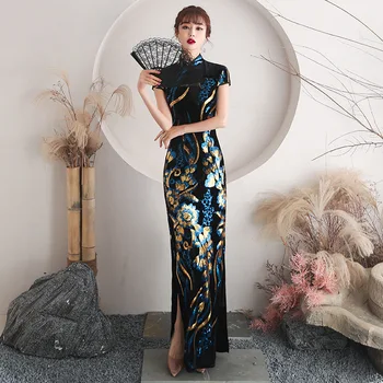 Negabaritinių 4XL Veliūras China Gėlių Cheongsam Moterų Slim Aksomo Qipao Elegantiškas Vakaras Šalis Suknelė trumpomis Rankovėmis Vestidos