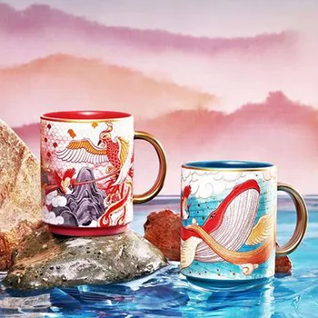 Phoenix Paukščių Roc Banginis Modelis Kinijos Retro Stiliaus Keramikos Puodelis Kavos, Pieno, Arbatos Puodelis Pora Puodelių Drinkware Teaware su Šaukštu