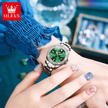 Prabangos Prekės Sidabro Žalia Nerūdijančio Plieno Diamond Moterų Laikrodžiai Kalendorius Vandeniui Lediniame Iš Elegantiška Moteris Žiūrėti Mergaitėms, Moterims