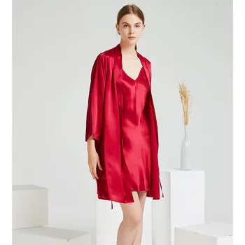 Raudona Suknelė Kimono Moterims 100% Šilko Twinset Skraiste Kostiumas Seksualus naktiniai drabužiai Šilkiniai 2VNT Nuotaka Vestuvių Bathorbe Prarasti Laisvalaikio Namuose Padažu