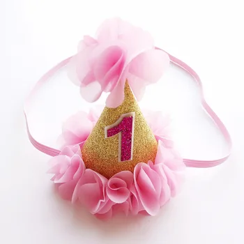 Rožinė/Aukso Baby 1-asis Gimtadienis Lankelis Šifono gėlių Blizgučiai Kaspinai 1-ojo Gimtadienio Apdailos Skrybėlę Mergina, Plaukų Aksesuarai