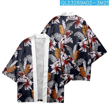 Tradicinis Japonų Streetwear Tropinių Augalų Spausdinti Kimono Megztinis Paplūdimio Šortai Moterims Vyrai Yukata Harajuku Haori Marškinėliai