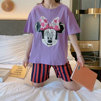Vasaros Disney Pižama Rinkiniai Moteris Mielas Minnie Mouse Animacinių filmų Moterų Sleepwear Laisvalaikio Plus Size Viršų ir Dryžuotos Kelnės Homewear