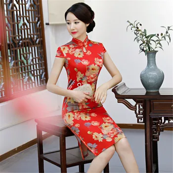 Vasarą Naujų Seksualių Nėrinių Suknelė Moterų Mandarinų Apykaklės Cheongsam Kinijos Vintage Stiliaus Trumpas Gėlių Qipao Dydis S M L XL XXL