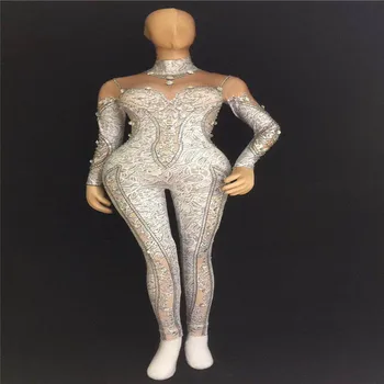 X28 Moterų ašigalio šokių suknelė balta 3d spausdinimo cirkonio jumpsuit dainininkas blizgančių kristalų leotard triko atlikti siamo šalis nešioti