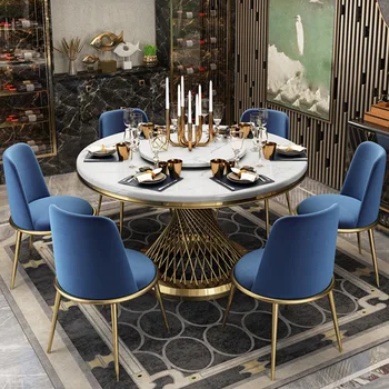 Šviesos prabangus marmuro, valgomasis stalas ir kėdės mišinys, modernus paprastų buitinių turas su patefonu pietų stalo